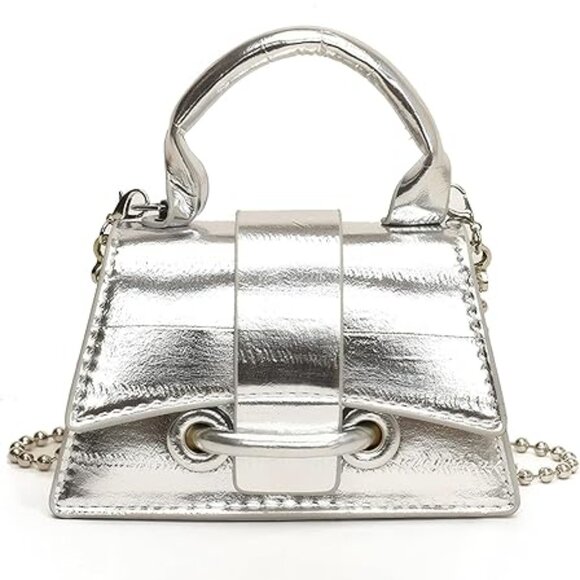 Neiman Marcus Glossy PU Leather Silver Mini Top Handle Crossbody Bag